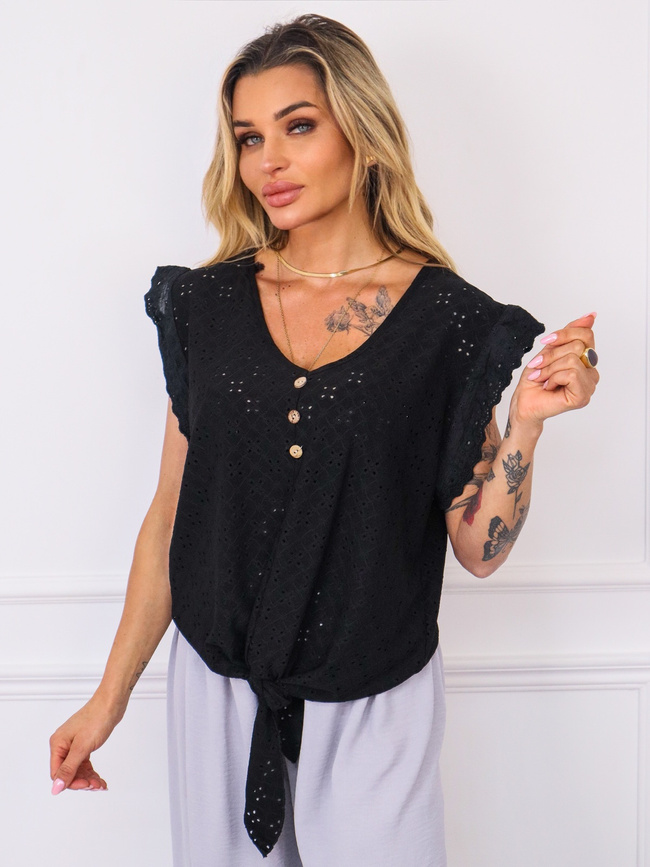BLUZKA AŻUROWA Z WIĄZANIEM I GUZIKAMI- CZARNA