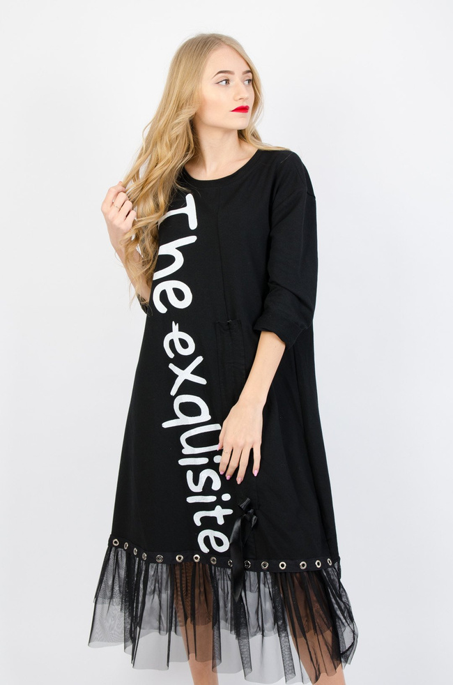 CZARNA SUKIENKA WYKOŃCZONA TIULEM Z NAPISEM "THE EXQUISITE"