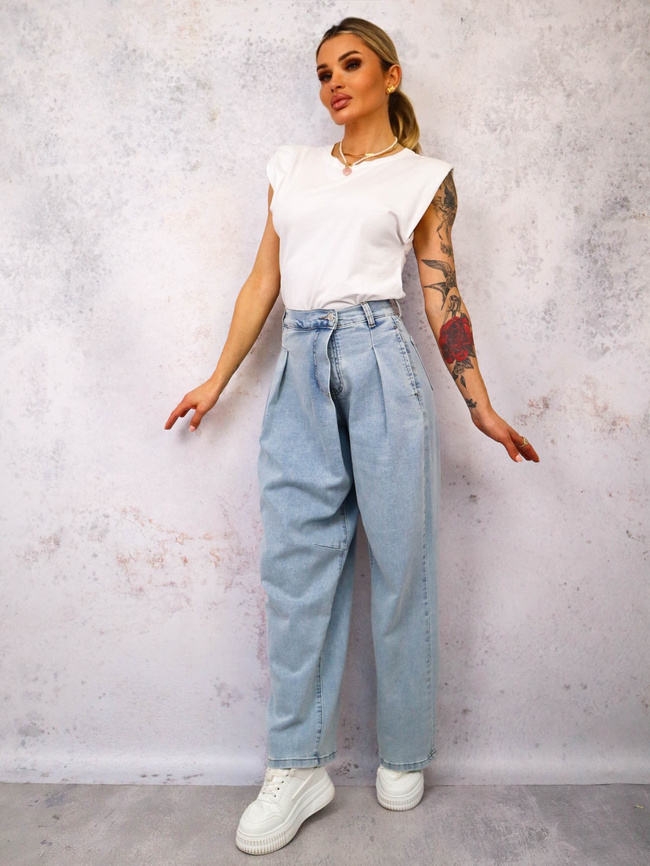 SPODNIE JEANSOWE Z SZEROKIMI NOGAWKAMI I ASYMETRYCZNYM ZAPIĘCIEM- JASNY JEANS