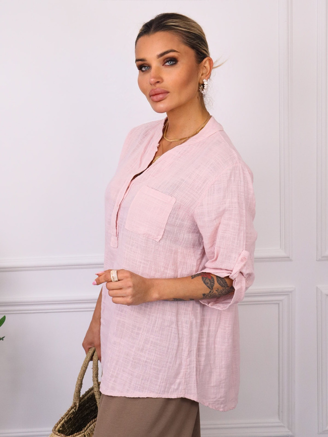 BLUZKA KOSZULOWA ASYMETRYCZNA Z LNEM- RÓŻOWA