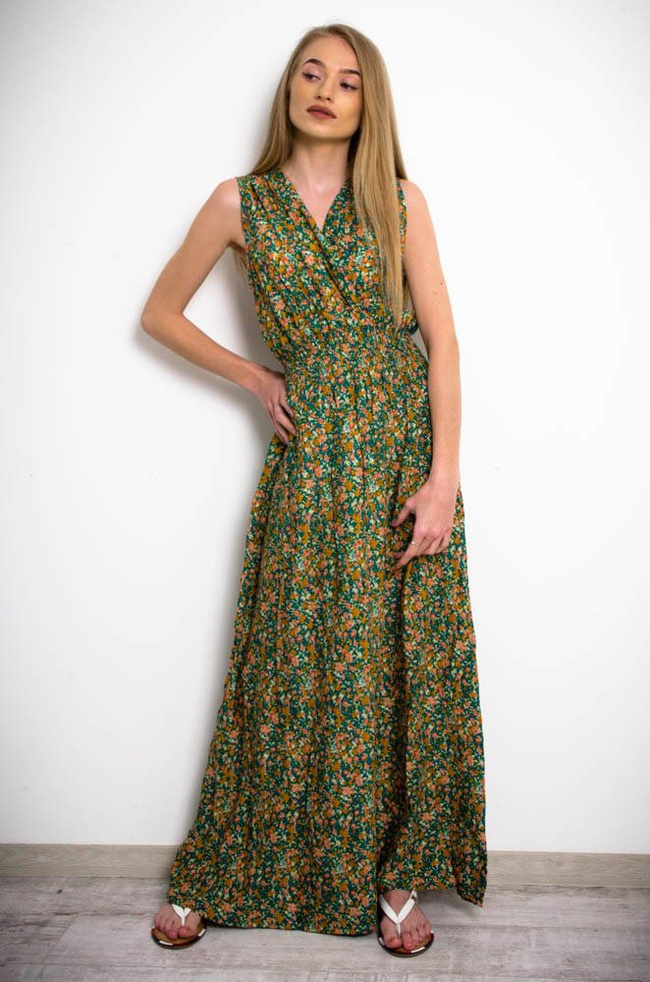 ZIELONA SUKIENKA MAXI W KWIATY-KOPERTOWY DEKOLT