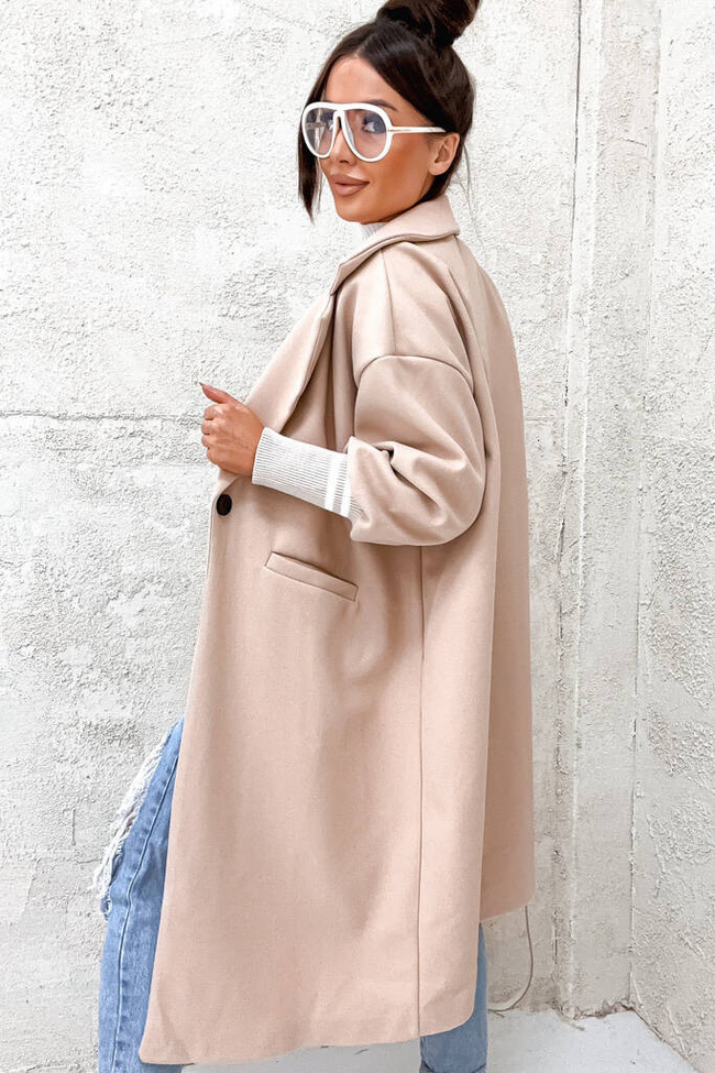 BEŻOWY PŁASZCZ ZE ŚCIĄGACZAMI PRZY RĘKAWACH