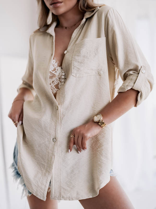 KOSZULA ZAPINANA NA GUZIKI Z KIESZONKĄ Z PRZODU- BEŻOWA