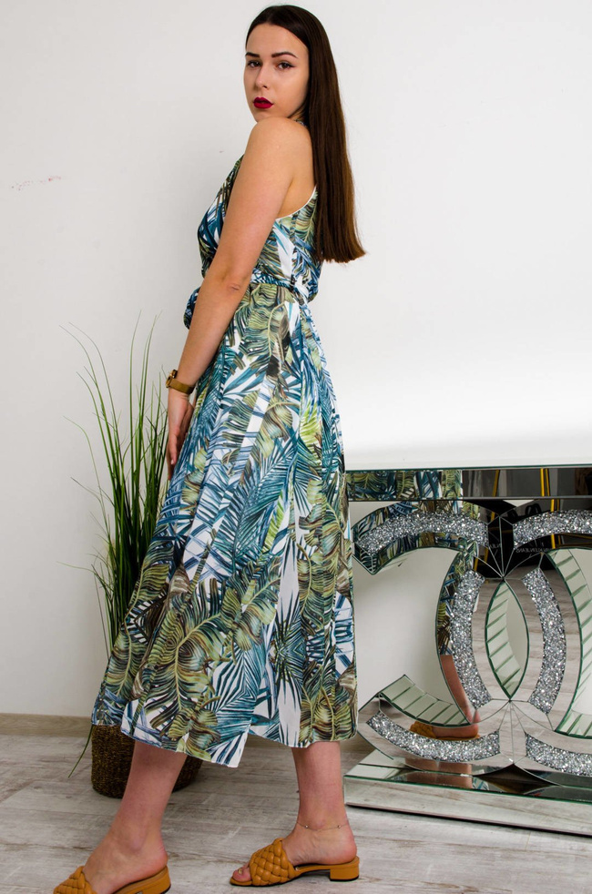 DŁUGA BIAŁO-ZIELONA SUKIENKA MAXI W KWIATOWY WZÓR