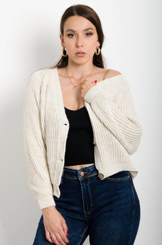 BEŻOWY ROZPINANY SWETER O LUŹNYM KROJU