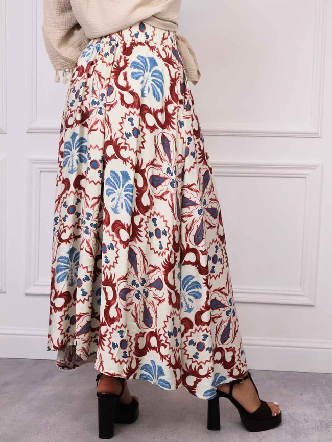 SPÓDNICA MAXI WZORZYSTA Z GUMĄ W PASIE- CZERWONA