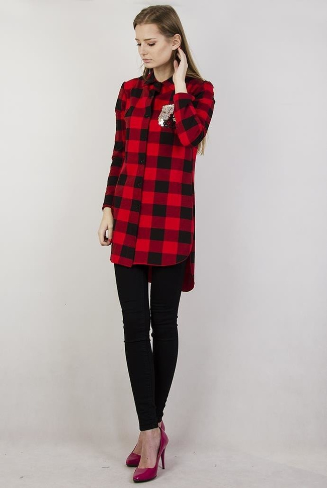 Asymetryczna koszula w kratę z złotą cekinową kieszonką