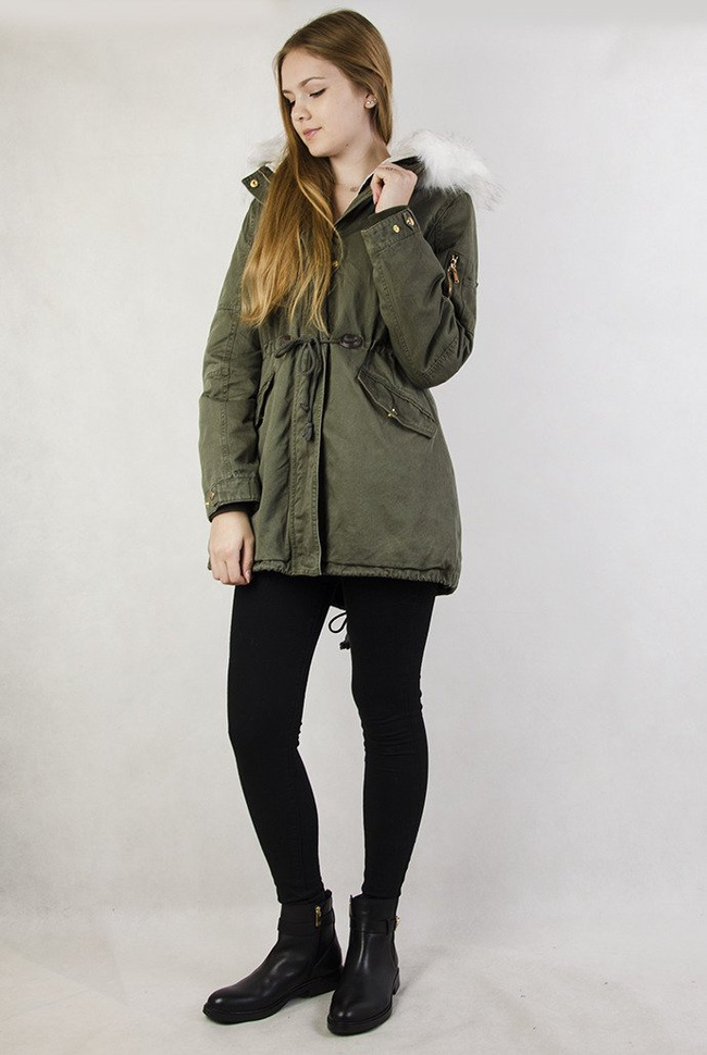 Khaki kurtka parka z białym futerkiem
