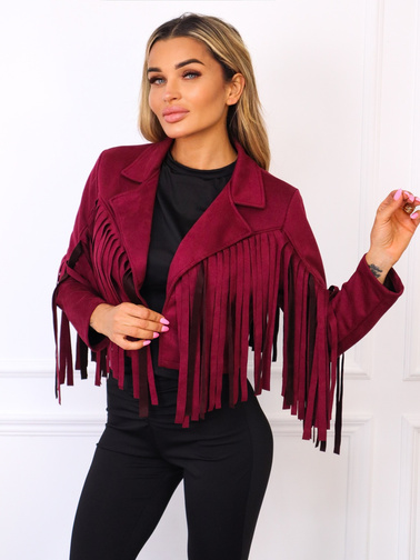 KURTKA Z IMITACJI ZAMSZU Z FRĘDZLAMI- BORDOWA