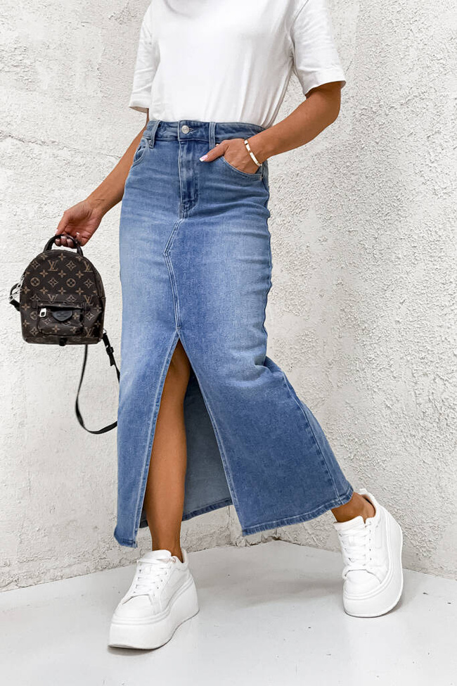 SPÓDNICA JEANSOWE MAXI Z ROZCIĘCIEM- GRANATOWA