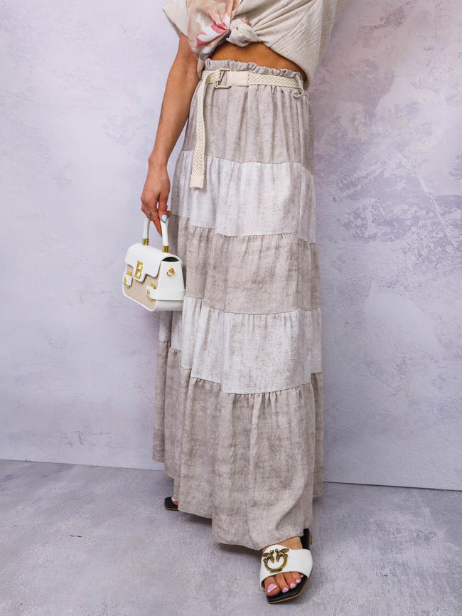 SPÓDNICA MAXI Z ŁĄCZONYCH MATERIAŁÓW+ PASEK- BEŻOWA