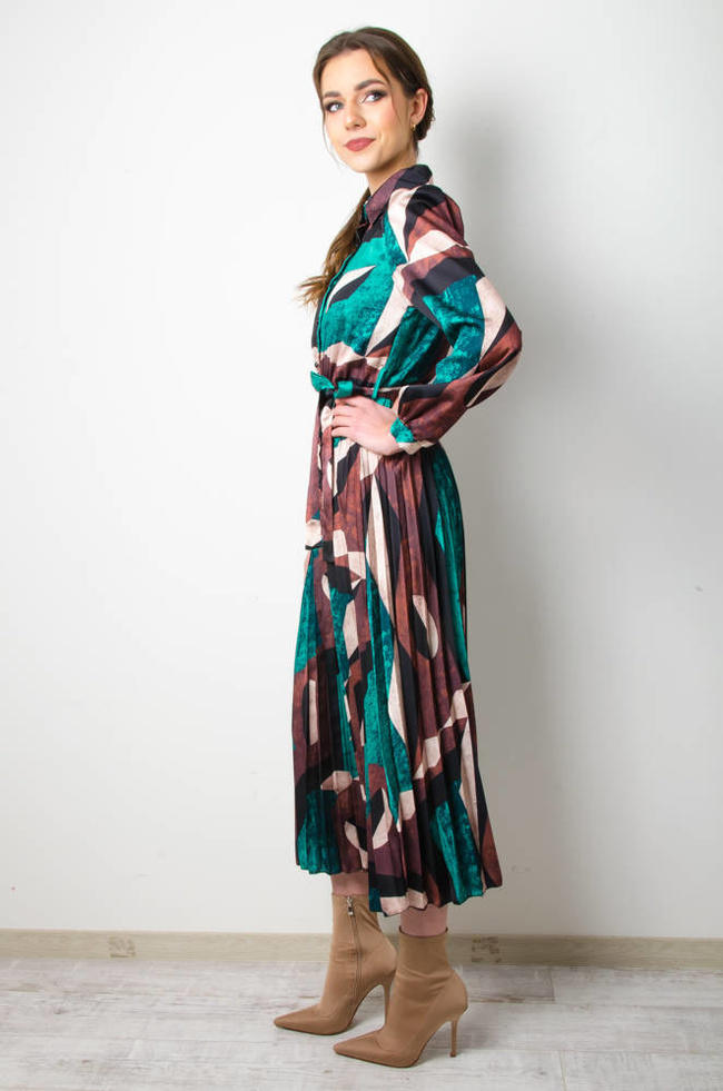 SUKIENKA DŁUGA WE WZORY Z PLISOWANYM DOŁEM- BRĄZOWO-ZIELONA