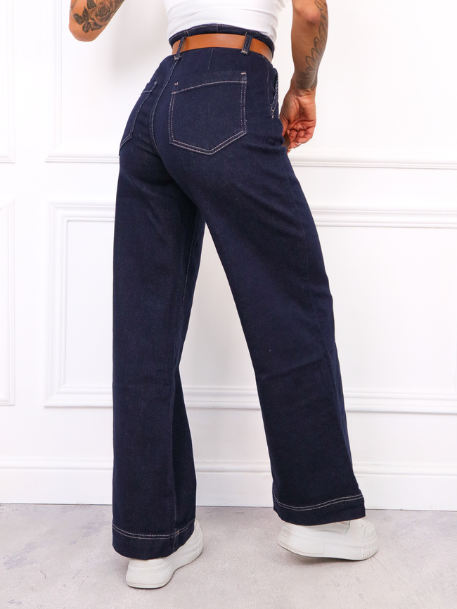 SPODNIE JEANSOWE Z WYSOKĄ TALIĄ I DŁUGIMI NOGAWKAMI + PASEK- GRANATOWE