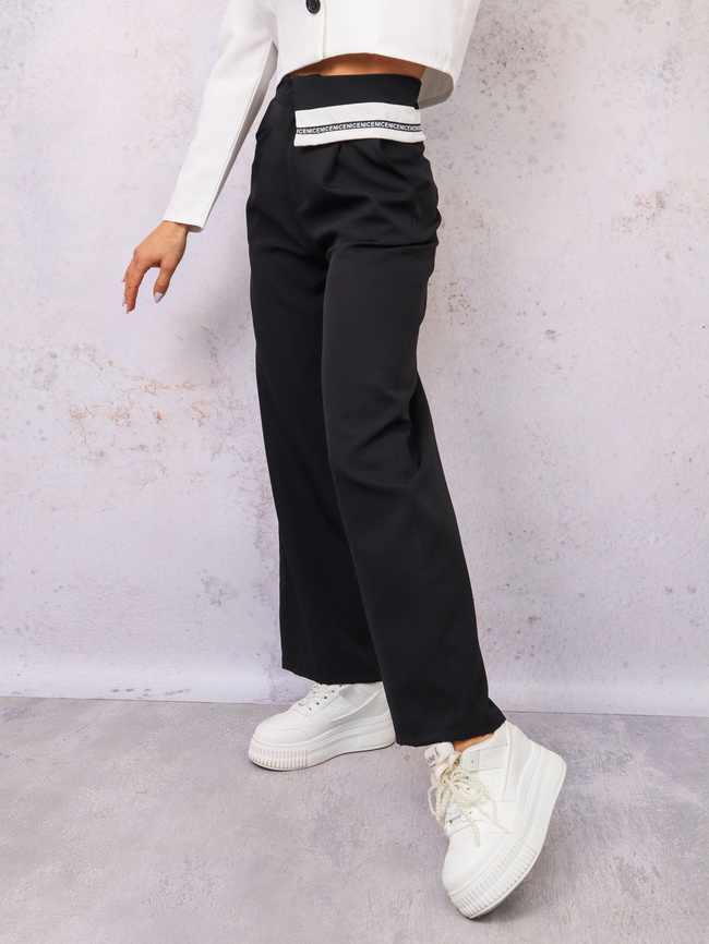 SPODNIE MATERIAŁOWE ELEGANCKIE Z MANKIETEM W PASIE- CZARNE