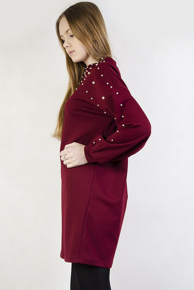 Bordowa sukienka z długim rękawem