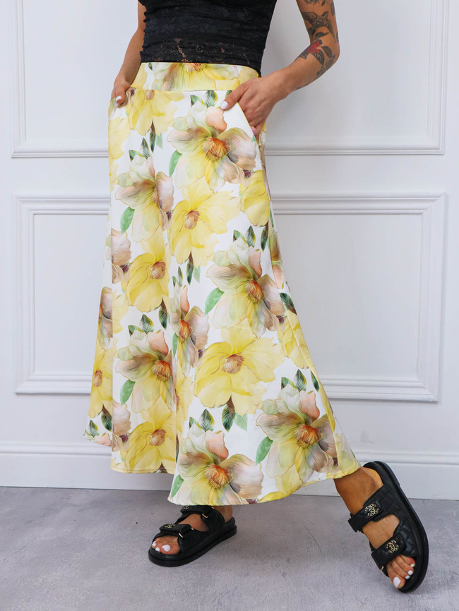 SPÓDNICA MIDI W KWIATY- ŻÓŁTA