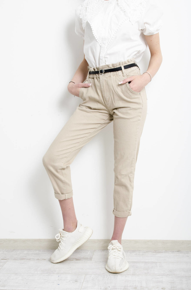 SPODNIE BEŻOWE BAGGY FIT MARSZCZONE W PASIE