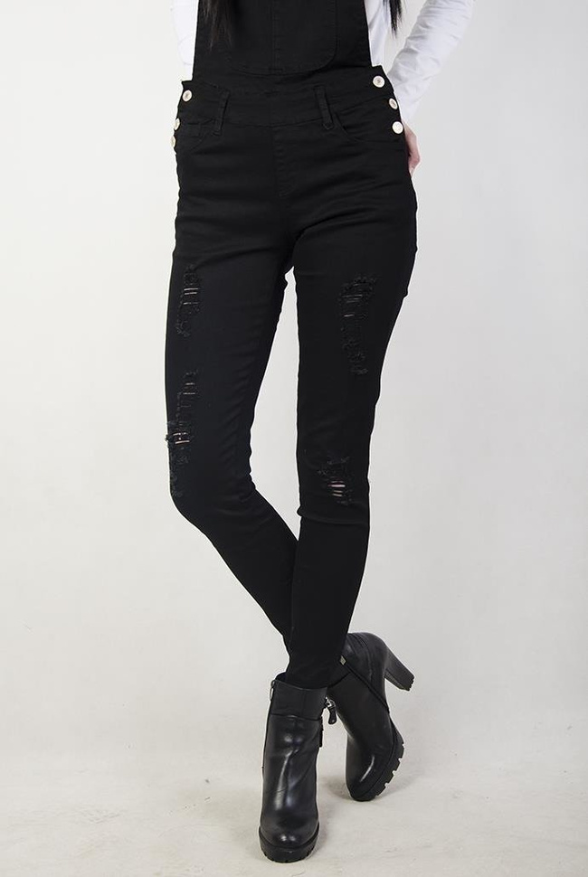 Czarne ogrodniczki z przetarciami