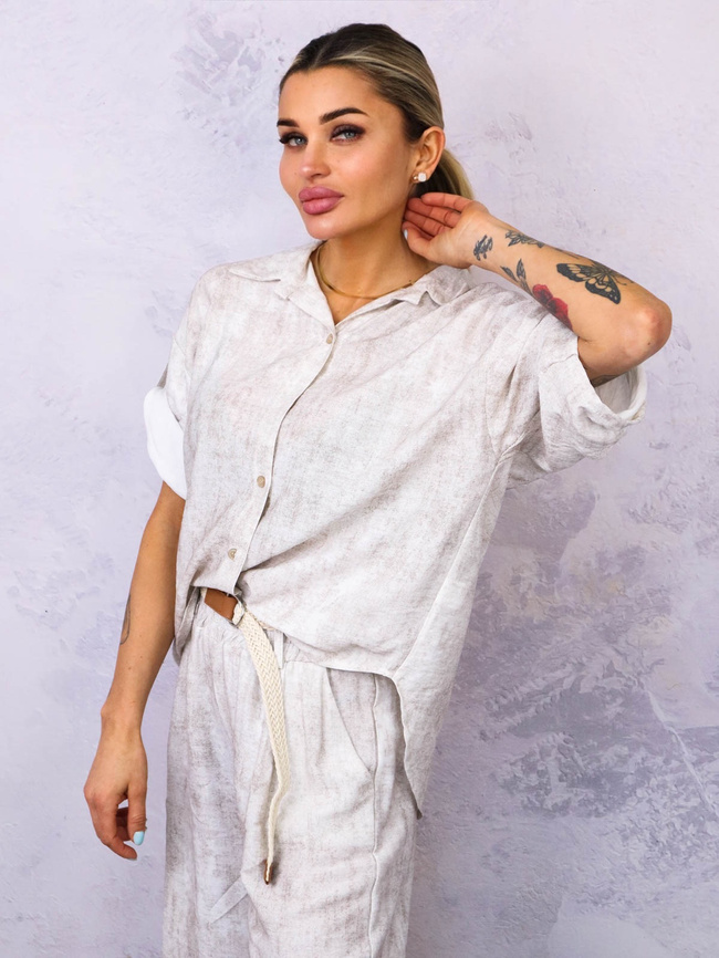 KOMPLET Z WISKOZY KOSZULA+ SPODNIE Z PLECIONYM PASKIEM- JASNOBEŻOWY