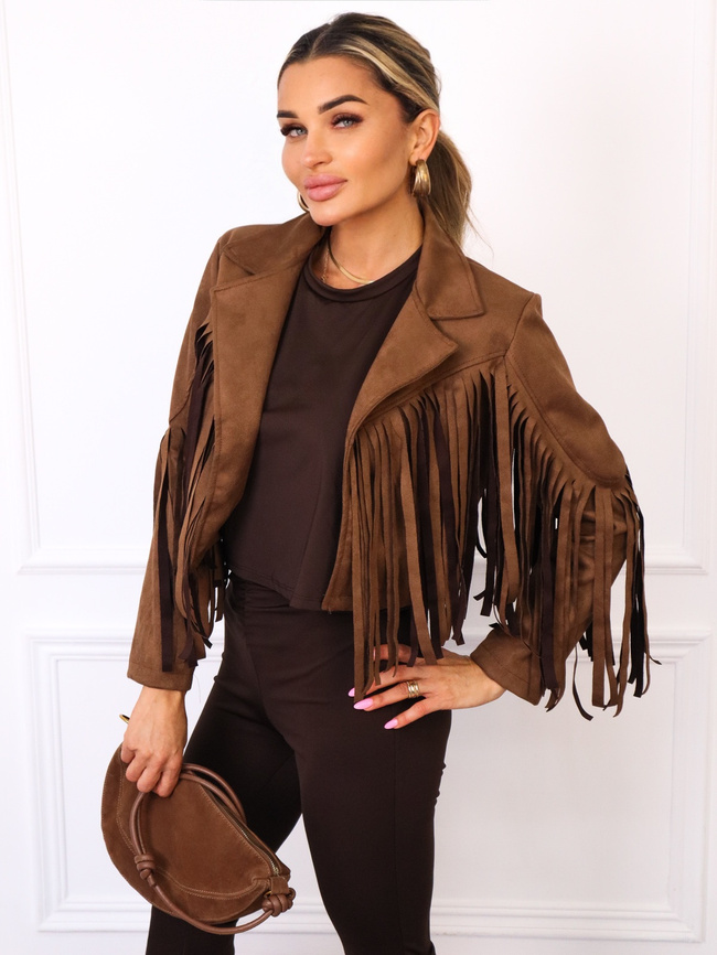 KURTKA Z IMITACJI ZAMSZU Z FRĘDZLAMI- BRĄZOWA