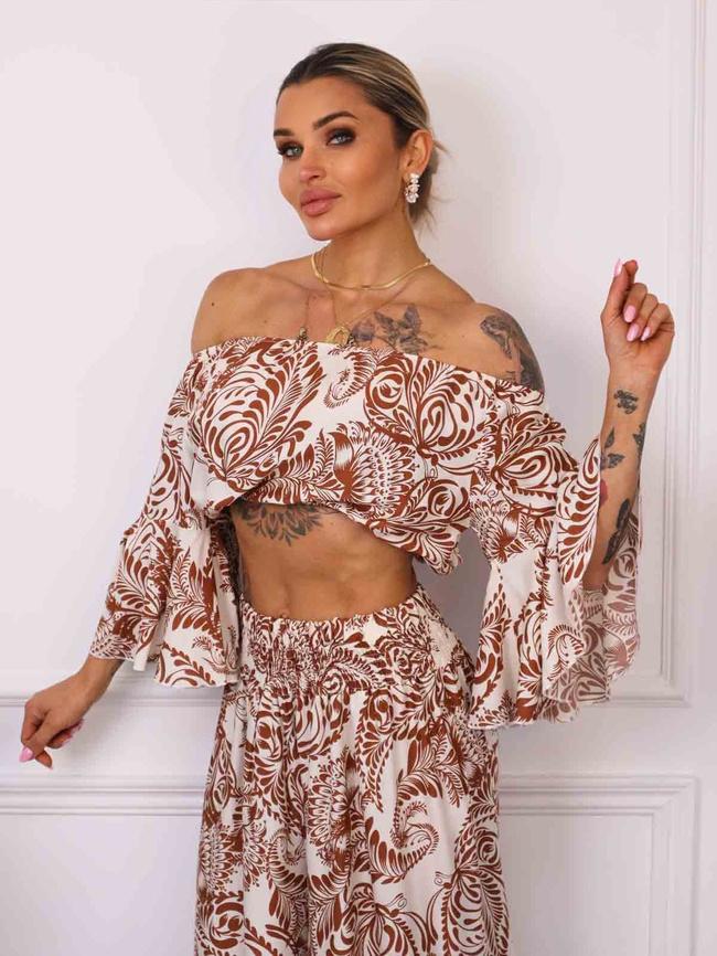 KOMPLET WZORZYSTY TOP+ SPODNIE- BRĄZOWY