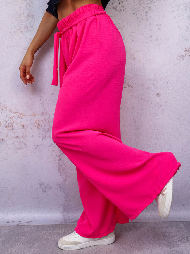 SPODNIE SZEROKIE Z GUMĄ I WIĄZANIEM W PASIE- FUKSJA