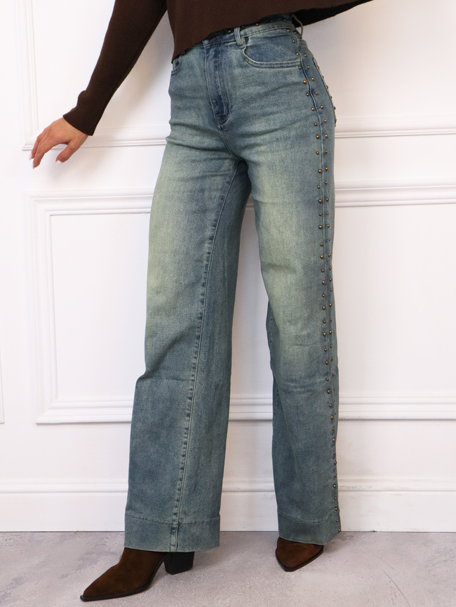 SPODNIE JEANSOWE Z SZEROKIMI NOGAWKAMI I OZDOBNYMI DŻETAMI- GRANATOWE