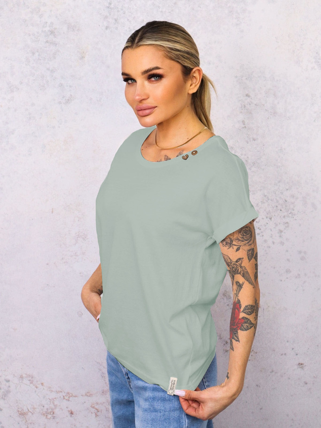 T-SHIRT OVERSIZE Z OZDOBNYMI GUZIKAMI- ZIELONY