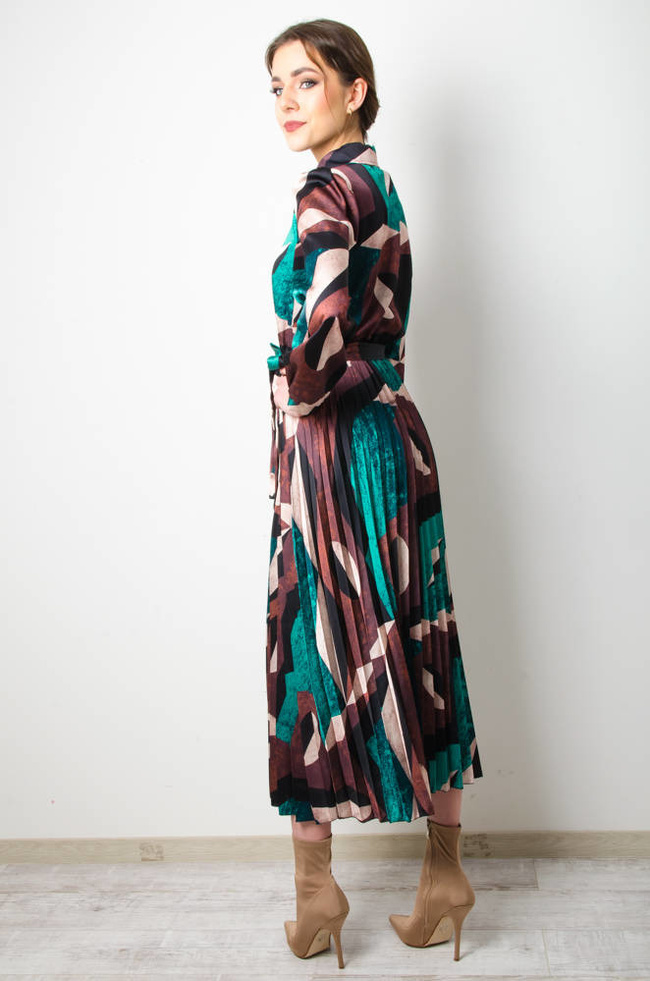 SUKIENKA DŁUGA WE WZORY Z PLISOWANYM DOŁEM- BRĄZOWO-ZIELONA 