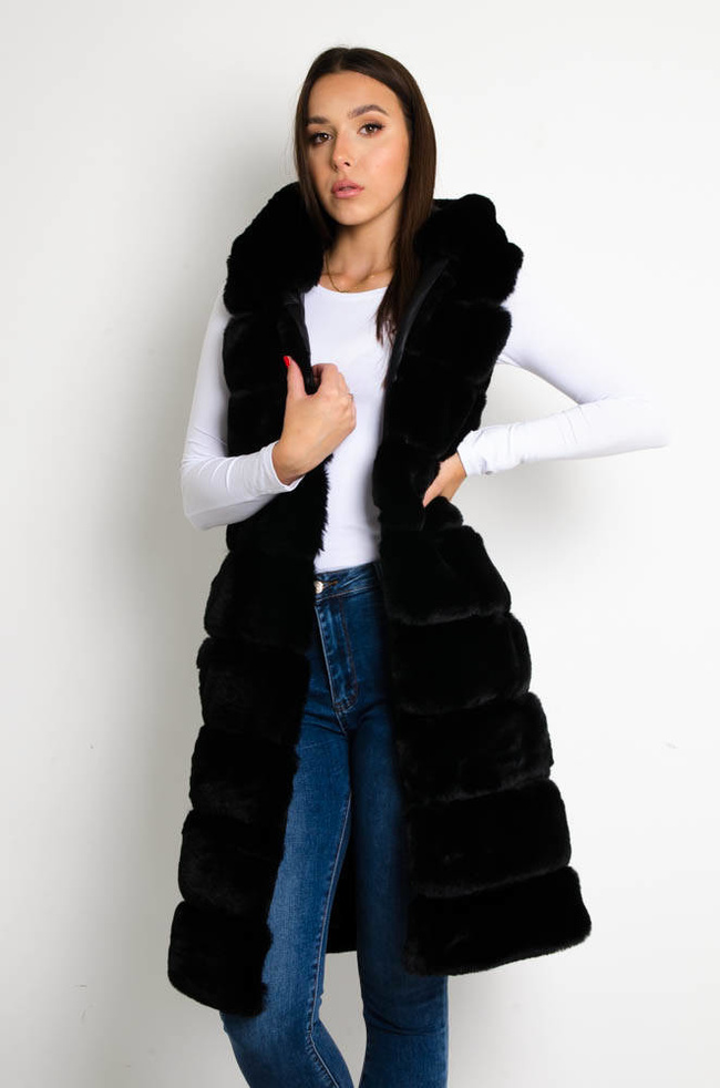 DŁUGA CZARNA FUTRZANA KAMIZELKA Z KAPTUREM