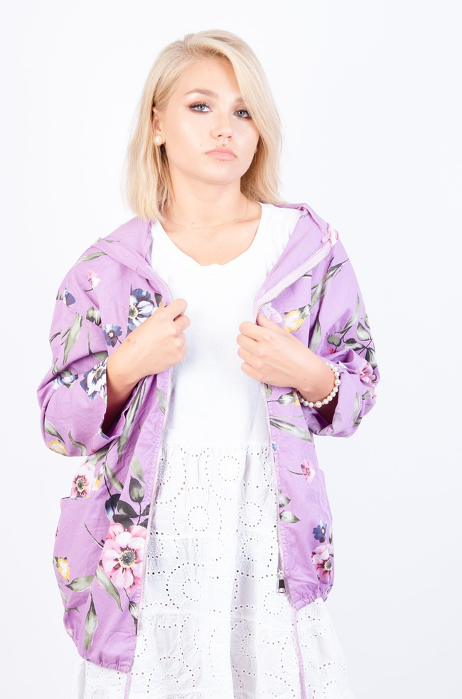 FIOLETOWA NARZUTA/ BLUZA W KWIATY Z KAPTUREM 