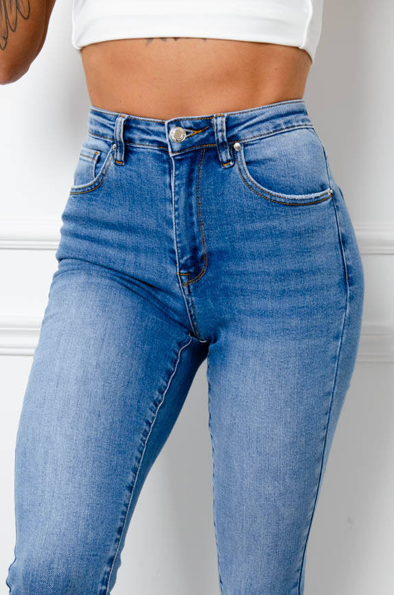 SPODNIE  JEANSOWE Z WYSOKIM STANEM - NIEBIESKIE