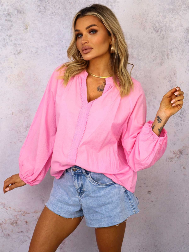 BLUZKA KOSZULOWA Z OZDOBNYM HAFTEM- RÓŻOWA