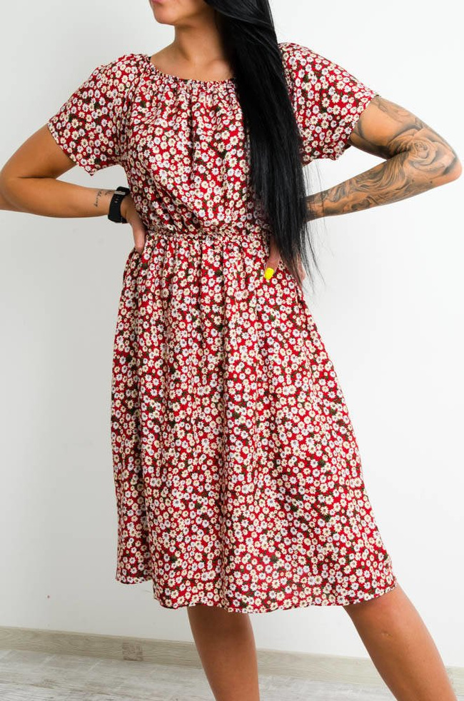 CZERWONA SUKIENKA HISZPANKA W DROBNE KWIATY 