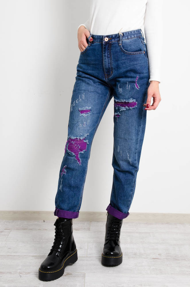 SPODNIE JENSOWE MOM FIT Z FIOLETOWYMI PRZETARCIAMI