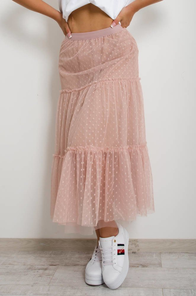 RÓŻOWA SPÓDNICA TIULOWA PLUMETI-MIDI