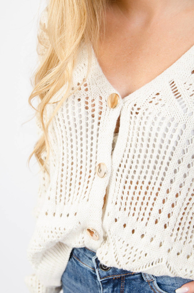 BEŻOWY AŻUROWY SWETER ZAPINANY NA GUZIKI