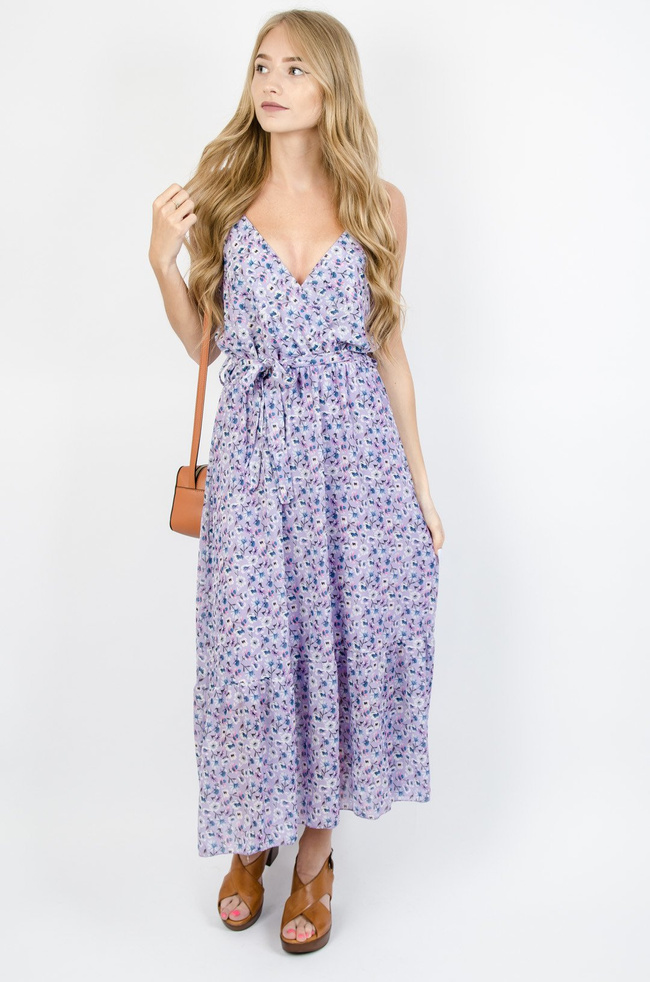 ZWIEWNA  KWIATOWA SUKIENKA Z DEKOLTEM V -FIOLETOWA