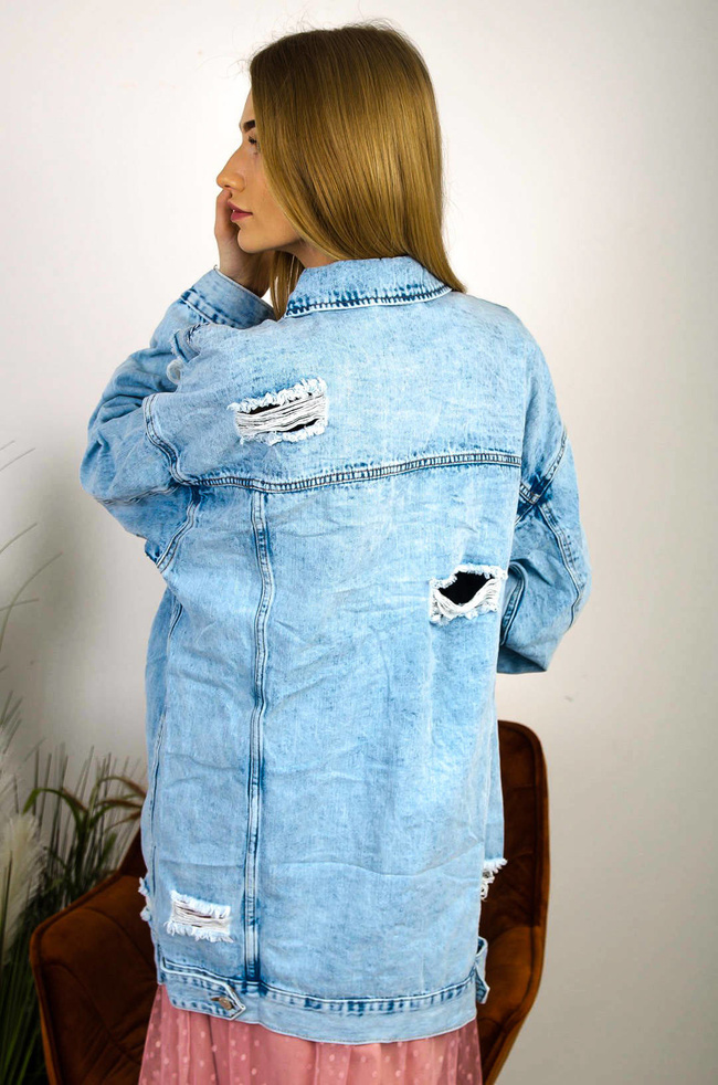 DŁUGA KURTKA JEANSOWA Z PRZETARCIAMI  ( DUŻE ROZMIARY M-3XL )