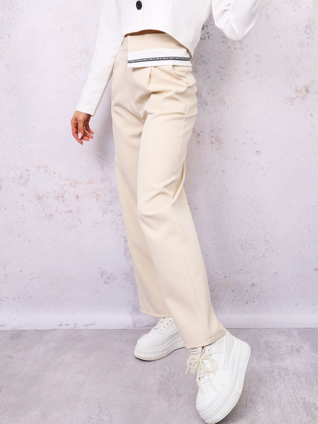 SPODNIE MATERIAŁOWE ELEGANCKIE Z MANKIETEM W PASIE- BEŻOWE