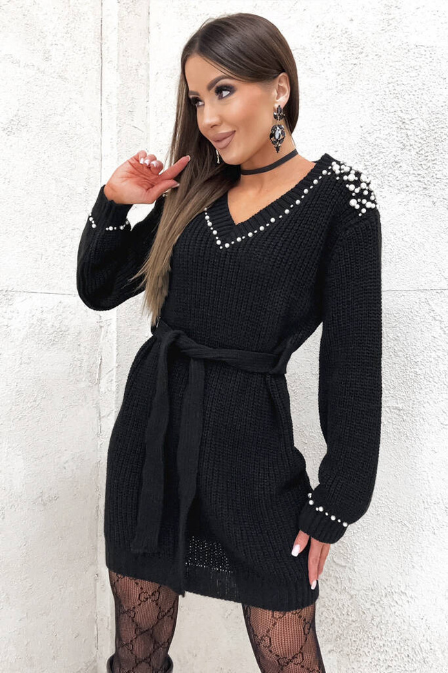 DŁUGI SWETER OVERSIZE Z KORALIKAMI I WIAZANIEM W PASIE- CZARNY