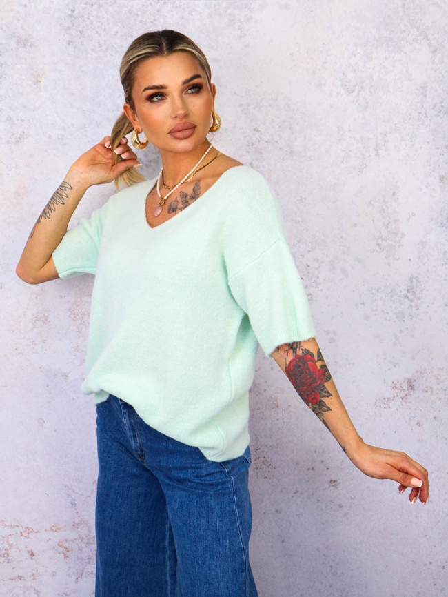 SWETER Z KRÓTKIM RĘKAWEM BABY ALPAKA- MIĘTOWY