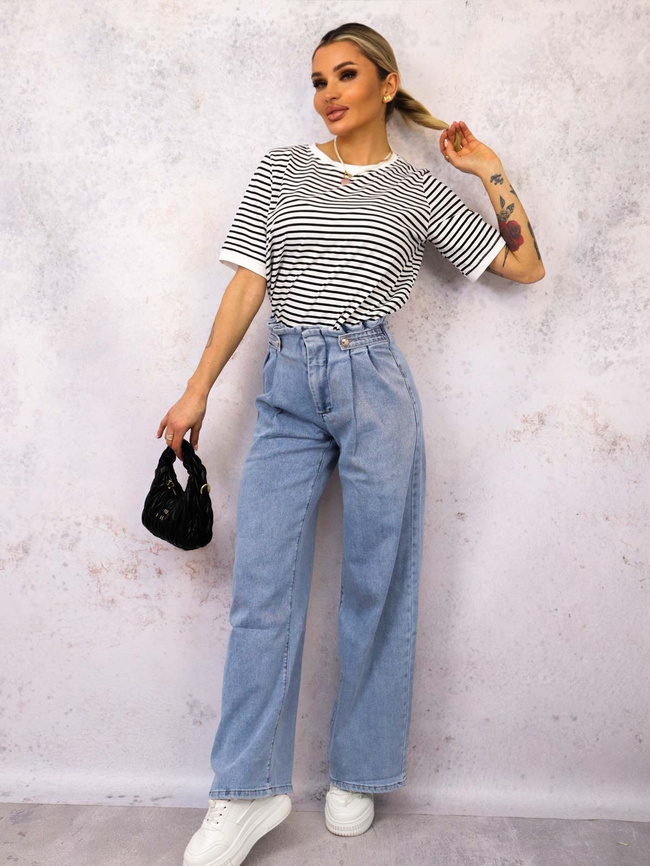 SPODNIE JEANSOWE Z OZDOBNYMI PASKAMI W PASIE- JASNY JEANS