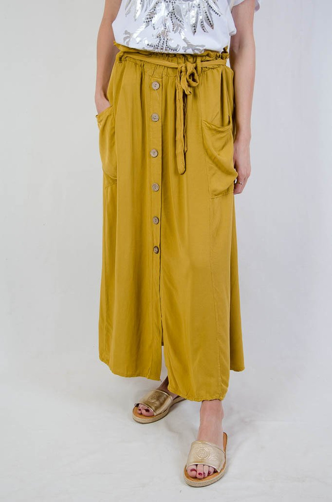 DŁUGA MUSZTARDOWA SPÓDNICA Z KIESZENIAMI WIĄZANA W PASIE