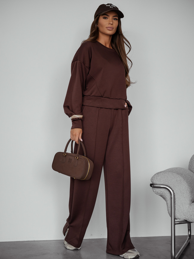 KOMPLET MASEŁKO BLUZA + SPODNIE Z SZEROKĄ NOGAWKĄ- CZEKOLADOWY