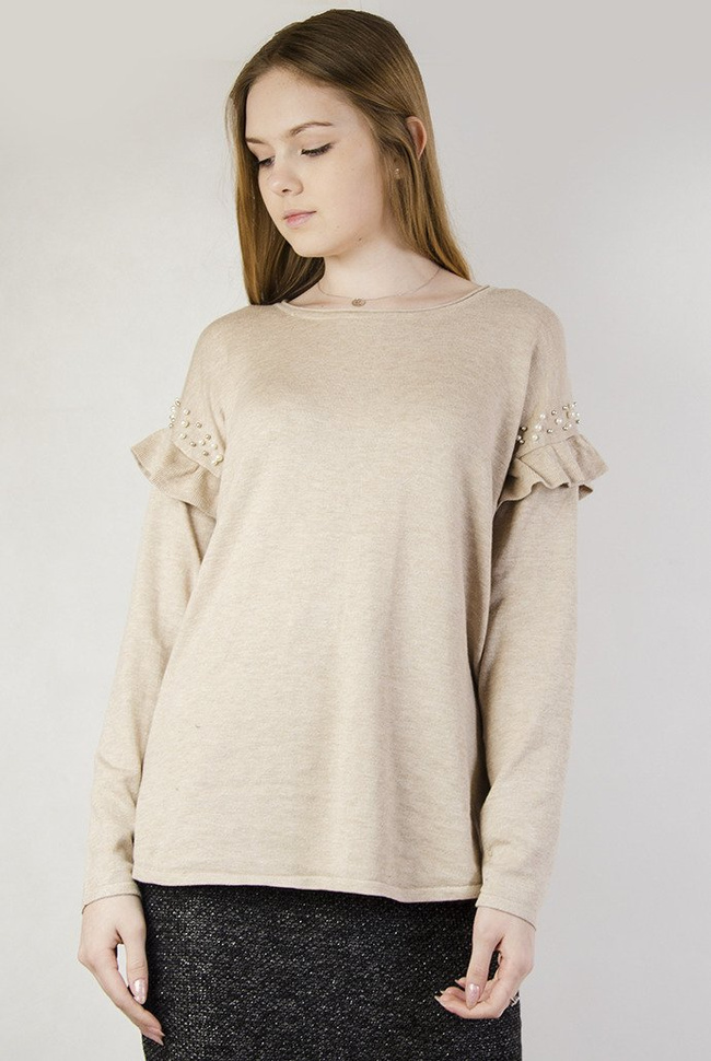 Beżowy sweterek z falbanką przy rękawie