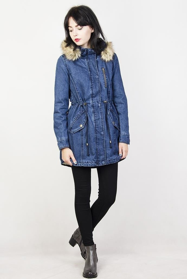 Parka jeansowa ocieplana białym futerkiem