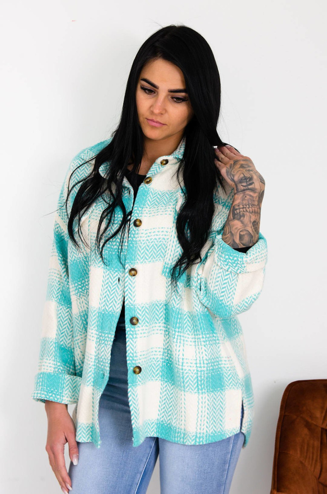 BIAŁO-ZIELONA BAWEŁNIANA KOSZULA-KURTKA W KRATĘ 