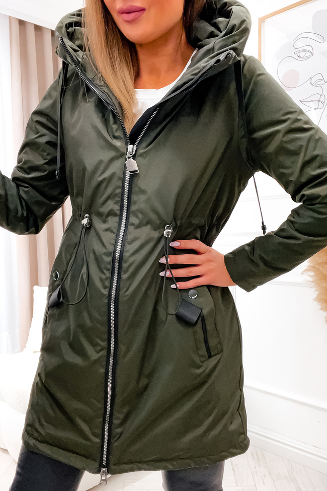 ASYMETRYCZNA KURTKA PARKA Z KAPTUREM I OZDOBNYMI ELEMENTAMI - ZIELONA
