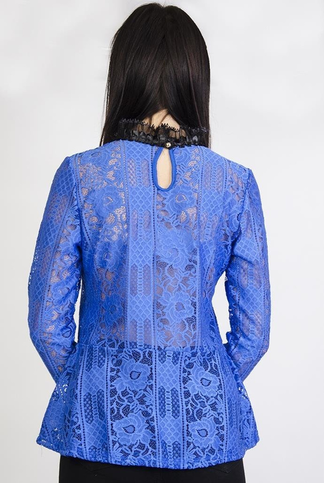 Chabrowa bluzka z baskinką i czarnymi wstawkami